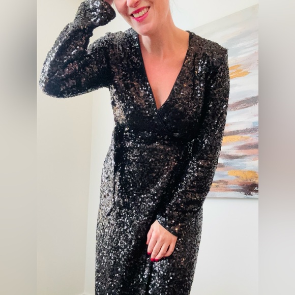 H&M Dresses & Skirts - H&M Black Sequin Wrap Midi Dress M | Party Holiday Glam